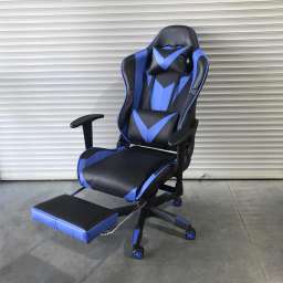 Кресло офисное с регулируемой спинкой и подножкой 119 чёрно-синяя экокожа