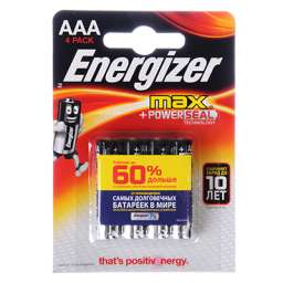 Батарейки Energizer 4шт MАХ “Alkaline” щелочная, тип ААA (LR03), BL, арт.7638900411423