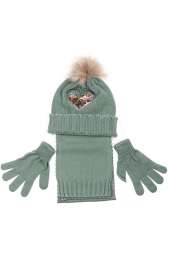 Комплект деткий (для девочки) шапка, шарф и перчатки с декором «Сердце» 65PG5117 junior (Оливковый)