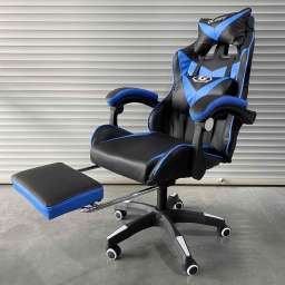 Кресло офисное с регулируемой спинкой и подножкой 901 черно-синяя экокожа