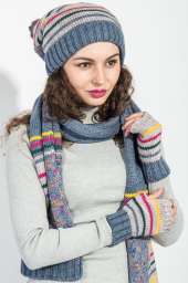 Комплект женский шапка, шарф и митенки в полоску 65PF3062 (Индиго-серый)