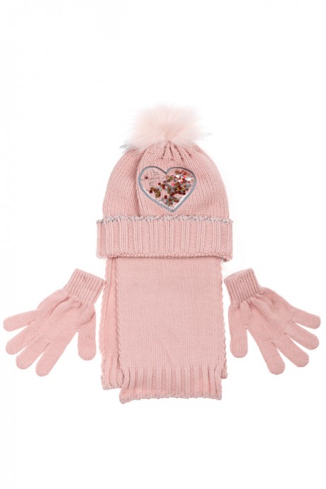 Комплект деткий (для девочки) шапка, шарф и перчатки с декором «Сердце» 65PG5117 junior (Пудровый)