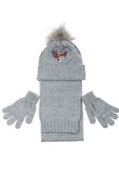 Комплект деткий (для девочки) шапка, шарф и перчатки с декором «Сердце» 65PG5117 junior (Серый)