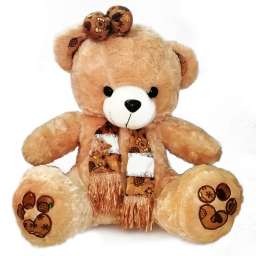 Медведь Мики коричневый в полосатом шарфе с бантом 55см