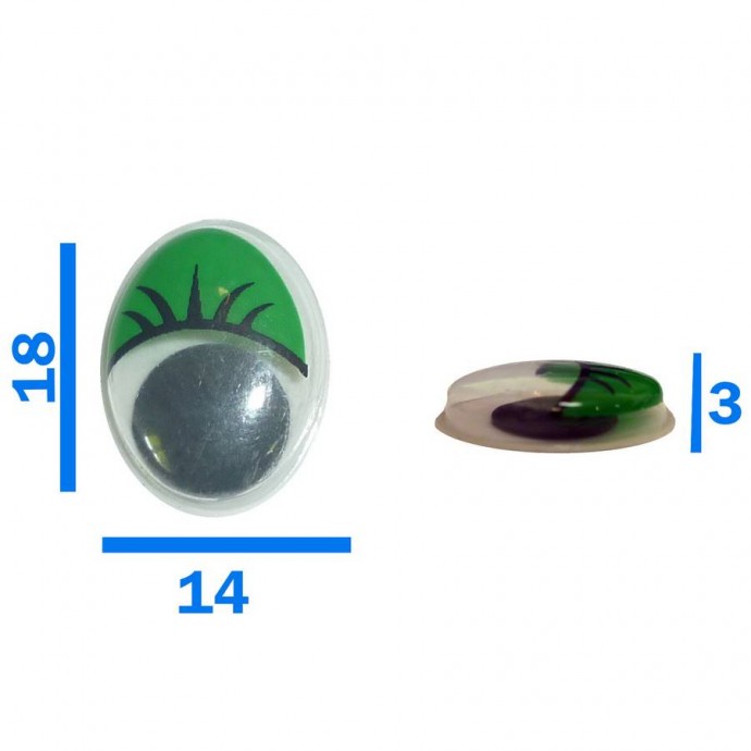 Глаза бегающий зрачок овал (зелёные реснички) 18x14x3мм (набор 20 шт)