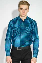 Рубашка мужская теплая, в клетку 50PD0041-3 (Сине-бирюзовый)