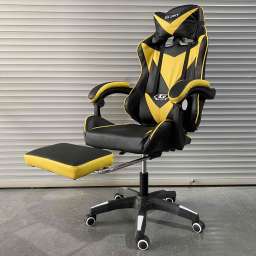 Кресло офисное с регулируемой спинкой и подножкой 901 черно-желтая экокожа