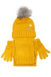 Комплект деткий (для девочки) шапка, шарф и перчатки однотонный, с декором 65PG5109 junior (Горчичны