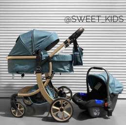 Детское 4-х колесное шасси-трансформер Sweet Kids 608 3в1 Синий текстиль на золотой раме