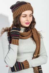 Комплект женский шапка, шарф и митенки в полоску 65PF3062 (Коричнево-синий)