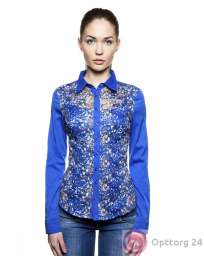 Блузка длинный рукав синяя с цветочным принтом