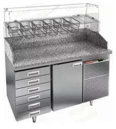 Холодильный стол для пиццы HiCold PZ4-1/GN 6R, 1425 мм, под витрину, камен. столешн., 1 дверь, доп. 