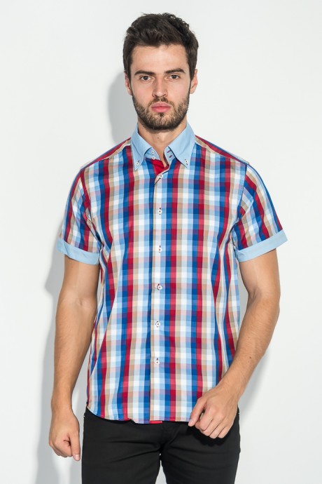 Рубашка мужская с однотонным воротником 50P009 (Голубо-красный)