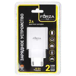 FORZA Зарядное устройство USB, 220В, 2 USB, 2А, пластик, белое