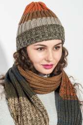 Комплект универсальный шарф, шапка в полоску 65P3561 (Хаки-терракот)