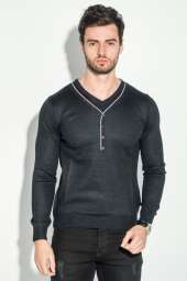 Пуловер мужской с пуговицами по ободку выреза 50PD346 (Черно-фиолетовый)