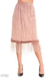 Розовая велюровая юбка с сеткой и полосой меха