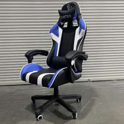 Кресло офисное с регулируемой спинкой и без подножки 111 черная сине-белая экокожа