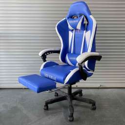 Кресло офисное с регулируемой спинкой и подножкой 118 сине-белая экокожа