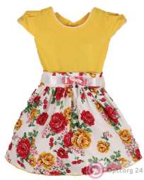 Детское платье желтого цвета с белой юбкой в цветочный принт.