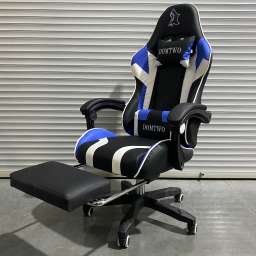 Кресло офисное с регулируемой спинкой и подножкой 111 черная сине-белая экокожа