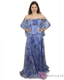Платье карнавальное  синего цвета с  принтом в виде роз.