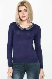 Пуловер  женский с бисером на воротничке  81PD888 (Темно-синий)