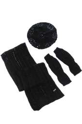 Комплект женский шапка, шарф и митенки тонкий 65PF3021 (Черный)