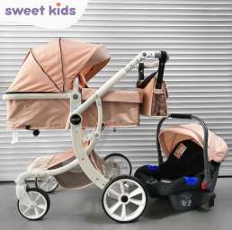 Детское 4-х колесное шасси-трансформер Sweet Kids 608 3в1 Розовый текстиль на белой раме