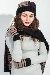 Комплект женский шапка, шарф и митенки в полоску 65PF3062 (Черно-серый)
