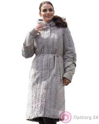 Пальто женское с меховым капюшоном серо-бежевого цвета