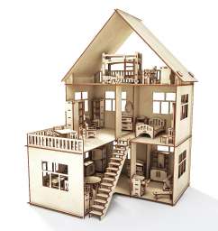 Конструктор-кукольный домик ХэппиДом Коттедж с пристройкой и мебелью из дерева -