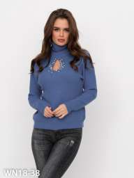 Синий шерстяной свитер с декоративным вырезом