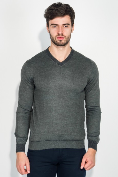 Пуловер мужской с контрастным вырезом 50PD458 (Темно-серый меланж)