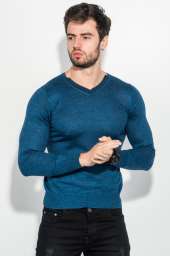 Пуловер мужской однотонный, с полосой по ободку выреза 50PD398 (Синий меланж)