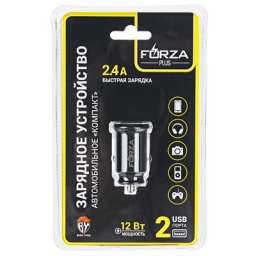 FORZA Зарядное устройство USB автомобильное “Компакт”, 12/24В, 2USB, 2.4А, черное, пластик