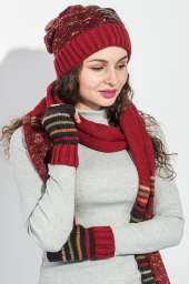 Комплект женский шапка, шарф и митенки в полоску 65PF3062 (Бордово-коричневый)