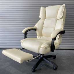Кресло офисное с регулируемой спинкой и подножкой 708 молочно-белая экокожа