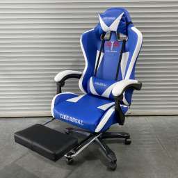 Кресло офисное с регулируемой спинкой и подножкой 118 черно-синяя экокожа