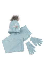 Комплект деткий (для девочки) шапка, шарф и перчатки однотонный, с декором 65PG5109 junior (Голубой)