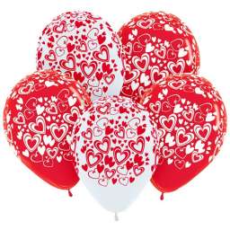Шар (12”/30см) Кокетливые сердечки (Белый, Красный) Пастель, 5ст., 50 шт. 53199-50