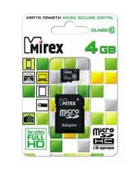 Micro SDHC карта памяти 4ГБ Mirex Class 10 с адаптером (13613-AD10SD04)