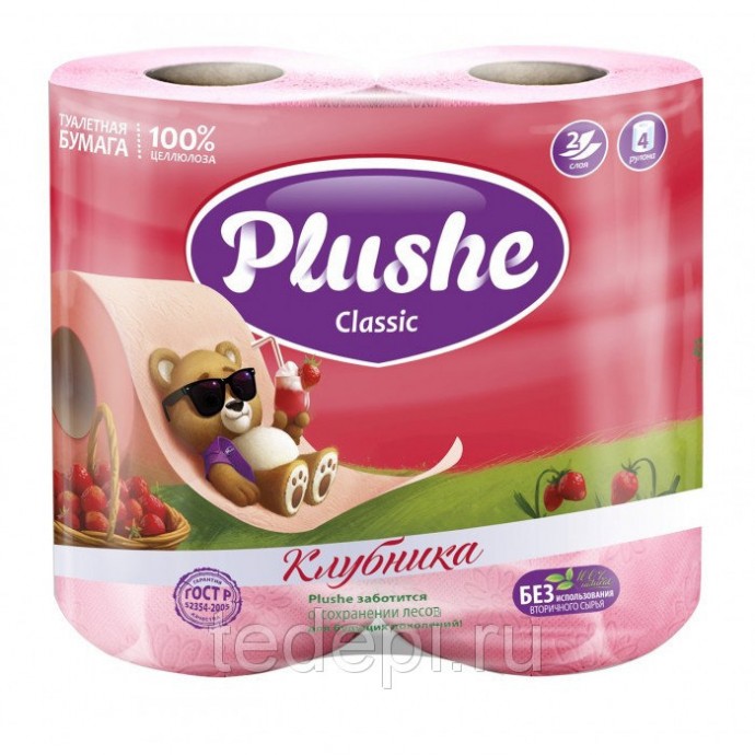 Бумага туалетная Plushe Classic с ароматом клубники, 2 сл, 4 рул, 18м, 144 л